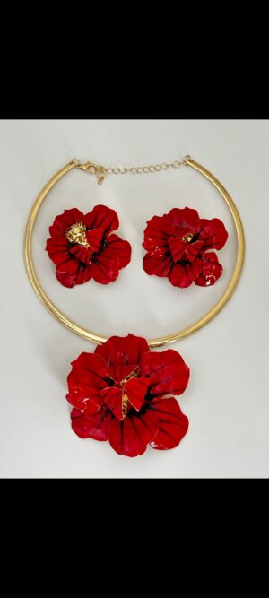 Red Floral Statement Necklace & Earring Set